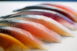 japansk sashimi, rå fisk kött skivad in i bitar. generativ ai. foto