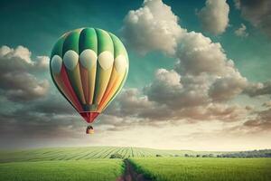 varm luft ballong på de bakgrund av en grön fält och solig landskap kopia Plats generativ ai foto