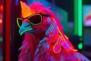 disko kuk med neon ljus, kyckling retro cyber stil generativ ai foto
