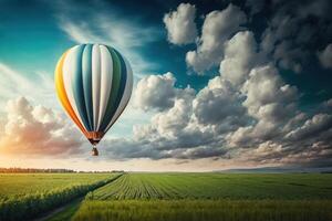 varm luft ballong på de bakgrund av en grön fält och solig landskap kopia Plats generativ ai foto