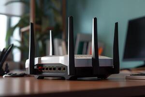 hastighet 5g internet vit wiFi router i de hus generativ ai foto