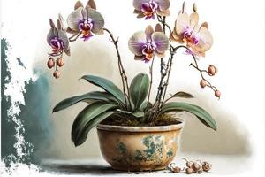målning orkidéer i inlagd växt, vit bakgrund. ai digital illustration foto