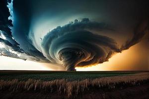 vridning tornado eller storm från hav orkan i hav. realistisk tropisk naturlig katastrof eller kataklysm, katastrof och kris bakgrund. storm virvelvind landskap. väder baner, affisch eller kort ai foto