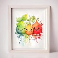 Lycklig frukt vänner neon vattenfärg och bläck illustration bild generativ ai foto