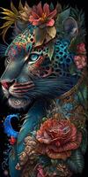 en detaljerad porträtt av tropisk punk- leopard utsmyckad färgrik porträtt generativ ai foto