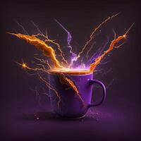 en lila kopp av kaffe med orange lighte volt generativ ai foto