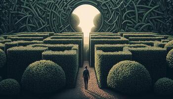 en man står i främre av de ingång till en labyrint generativ ai foto