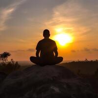 en man Sammanträde yoga placera på solnedgång tillbaka bild generativ ai foto