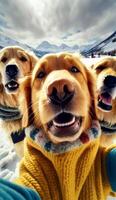en grupp av gyllene retriever hundar bär hund Tröja tar selfie generativ ai foto