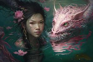 asiatisk flicka med rosa drake anda väktare simning foto