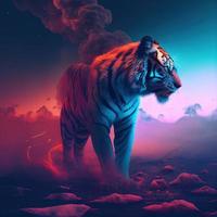 målning av en tiger med röd och blå rök foto