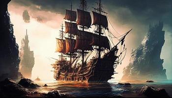 hav lagun med trä- pirat fartyg med svart segel med skalle. tropisk ö sand strand landskap med handflatan träd, bergen och corsair båt på vatten, tecknad serie illustration. ai foto