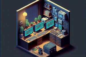 gamer rum med datorer, isometrisk se inuti. generativ ai foto