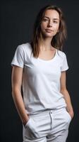 de flicka modell bär en vit t-shirt den där serverar som en mall för en design eller falsk upp. ai genererad illustration. foto