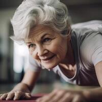 äldre kvinna aktivitet i Gym. ai genererad illustration foto