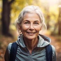 äldre kvinna aktivitet i natur. ai genererad illustration foto
