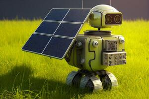 3d tolkning robot med sol- panel på grön gräs fält bakgrund. generativ ai foto