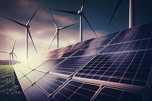sol- paneler och vind turbiner. förnybar energi begrepp. 3d tolkning generativ ai foto