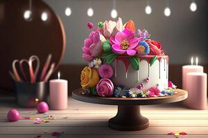 3d födelsedag kaka med blommor med färgrik ballonger, . 3d tolkning generativ ai foto