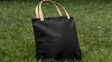 generativ ai, realistisk svart toto duk tyg väska uppstart på de grön gräs, shopper falsk upp tom. foto