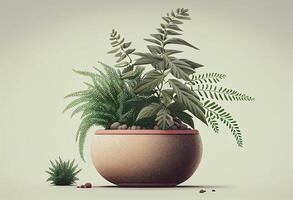 krukväxter i en pott på en vit bakgrund. 3d tolkning generativ ai foto
