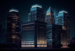 modern skyskrapor i de stad på natt. 3d tolkning generativ ai foto