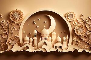 ramadan kareem och eid hälsning kort med moské och måne i papper skära stil generativ ai foto
