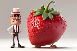 tecknad serie man med jordgubb på vit bakgrund, 3d illustration. generativ ai foto