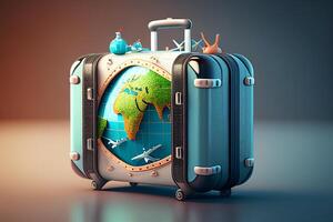 reser runt om de värld begrepp. 3d illustration av en resväska med en värld Karta, flygplan generativ ai foto