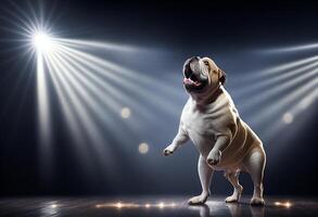 rolig mops hund dans i studio med lampor och spotlights generativ ai foto