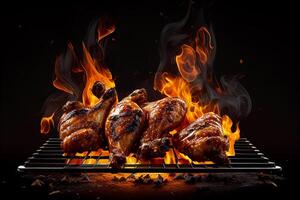 grillad kyckling vingar på de grill med lågor på en svart bakgrund generativ ai foto