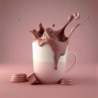 flytande varm choklad häller från en mugg, stänk av choklad i kopp, 3d tolkning foto
