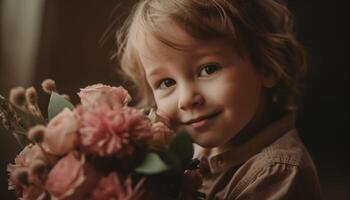 liten pojke innehav blommor, kramas hans mor och fira mors dag. generativ ai foto