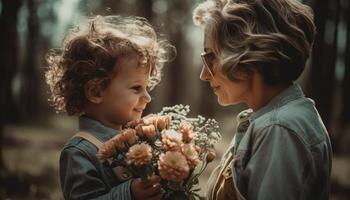 liten pojke innehav blommor, kramas hans mor och fira mors dag. generativ ai foto