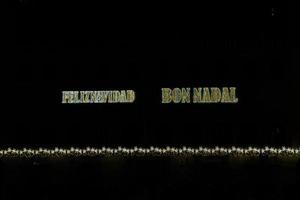 gyllene skinande neon inskrift glad jul på en svart bakgrund i spanska och katalanska, valencian foto