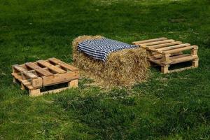 picknick fläck på grön gräs på en sommar dag med sugrör tabeller och trä- lådor foto