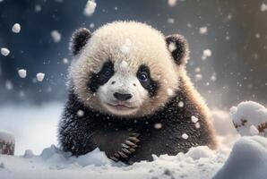 söt panda bebis spelar i snö vinter, generativ ai foto