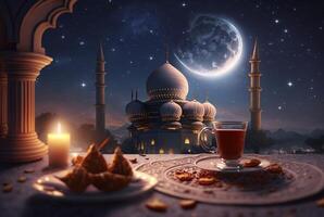 festlig ramadan kareem Foto bakgrund med kopp av te och datum för iftar meny. generativ ai illustration