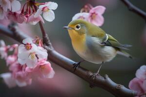 skön små japansk vita ögon fågel på en japansk körsbär blomma träd gren. zosterops palpebrosus fågel stående på en körsbär träd gren. söt vax öga, gulhårig sångare fågel. generativ ai. foto