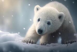 söt bebis polär Björn i snö vinter. generativ ai foto