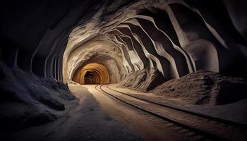 en kol mina underjordisk malm tunnel med skenor, brytning industri. generativ ai. foto