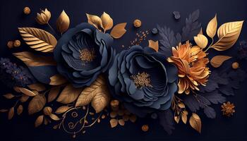lyx och elegant blå och gyllene damm blommor, och gren löv på mörk blå bakgrund. årgång blommig dekoration. platt lägga, topp se fantastisk växt 3d illustration. generativ ai. foto