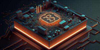 bitcoin på en neon orange och blå bakgrund. blixt av elektrisk blixt- mot de bakgrund av dator mikrochips. digital elektronisk valuta. krypta valuta. uppkopplad bankverksamhet. generativ ai. foto