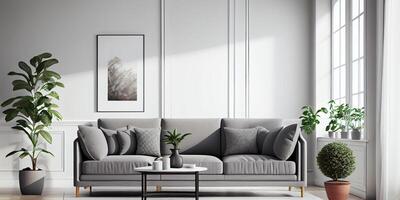 eleganta levande rum interiör av modern lägenhet och trendig möbel, växter och elegant Tillbehör. Hem dekor. mall, 3d framställa, 3d illustration.generativ ai. foto