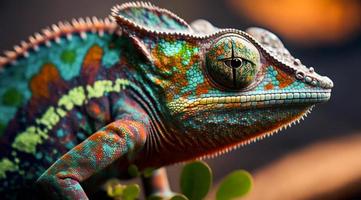 en närbild av en färgrik kameleont i psychedelic konst med begrepp stil makro. generativ ai. foto
