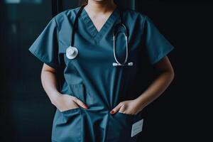 en kvinna sjukvård arbetstagare stående självsäkert med händer på höfter skapas med generativ ai teknologi foto