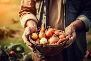 en man, en trädgårdsmästare innehav och som visar hans organisk vegetabiliska och frukt gröda. de begrepp av friska äter och självväxande friska mat. ai genererad foto