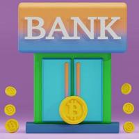 3d uppkopplad bank ikon, sparande pengar, Bank och mynt om på de golv, bitcoin foto
