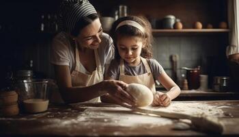 mor och barn bindning över en delad aktivitet, sådan som matlagning eller hantverk. mors dag. generativ ai foto