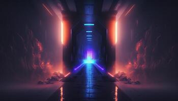 rök dimma trogen hall korridor med neon laser led blå lila lysande tunnel metall reflexion. generativ ai foto